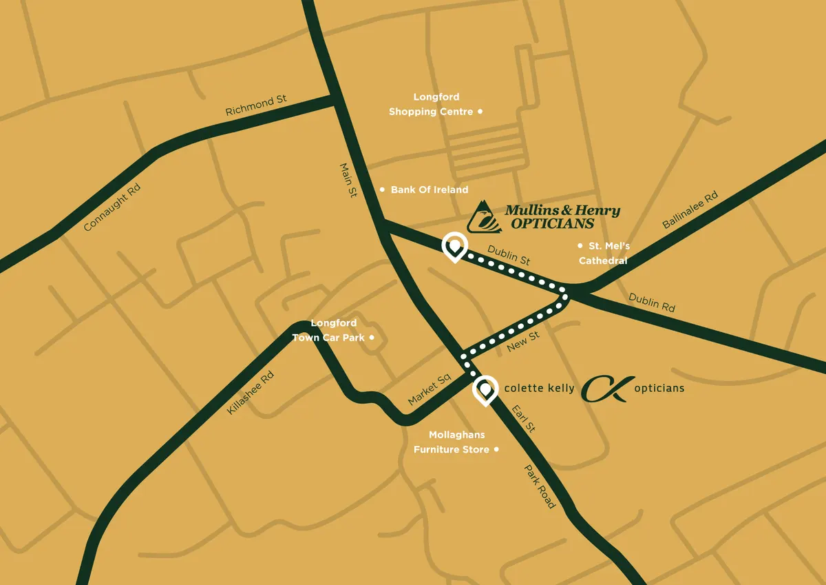 Map of Longford showing the Colette Kelly Opticians practice on Earl Street